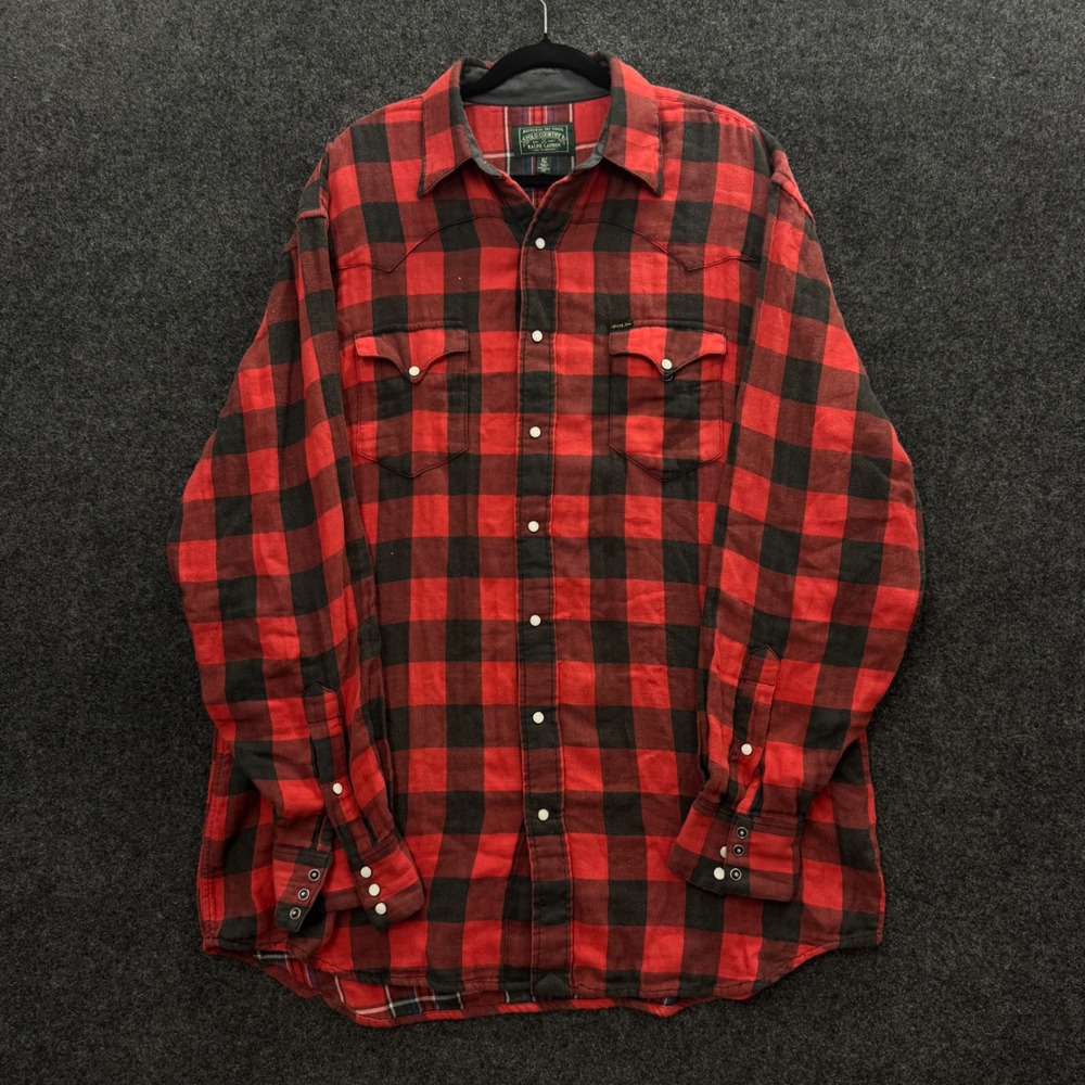Polo Country Ralph Lauren Mens XLT Buffalo Plaid Flannel Western Snap Shirt Red